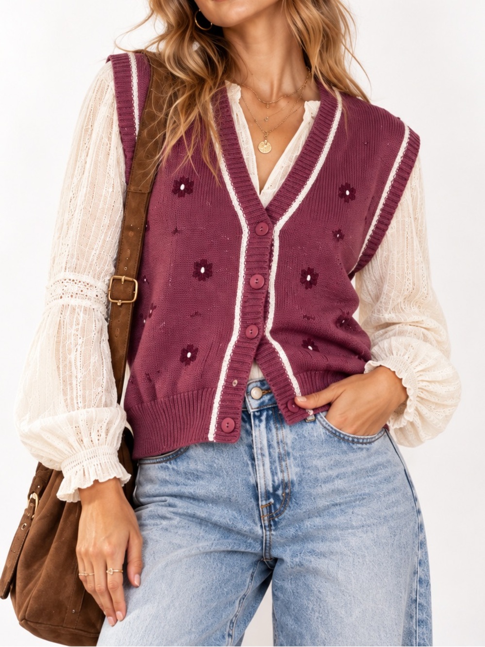 Vintage Pykettes Pink Floral Embroidered Button Front Sweater Vest Medium best